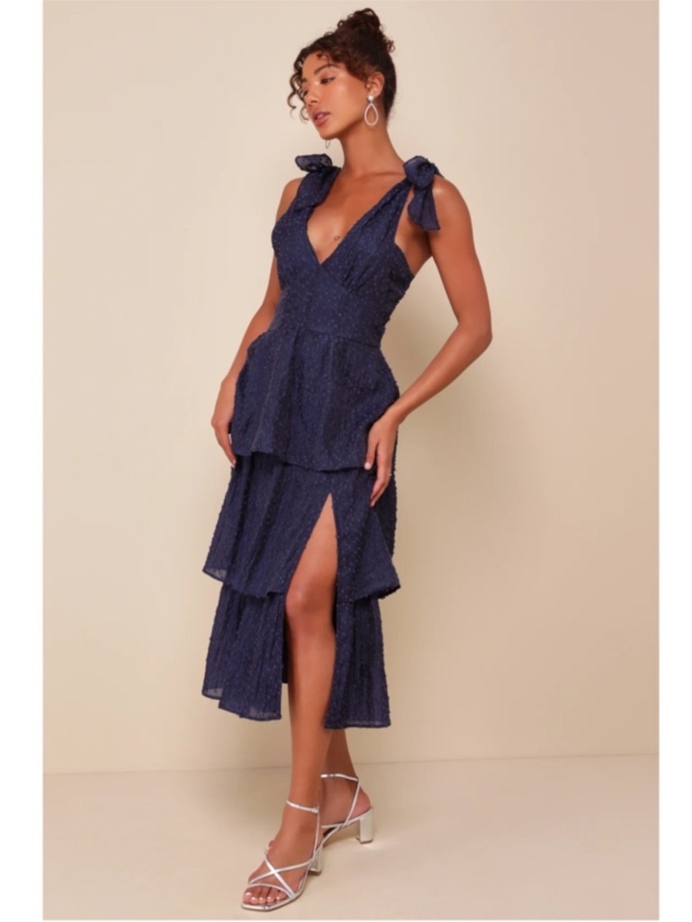 Lulu's Navy Textured Tiered V-Neck Tie-Shoulder High-Low Dress
